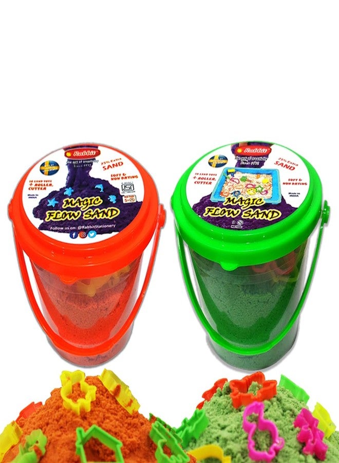Rabbit Magic Flow 1KG Play Sand Bucket for Kids - Includes 20 Fun Moulds, Roller & Cutter | Soft, Mess-Free Sand for Creative Play & Sensory Fun | Age 5+ (Orange-Green) - Image 1